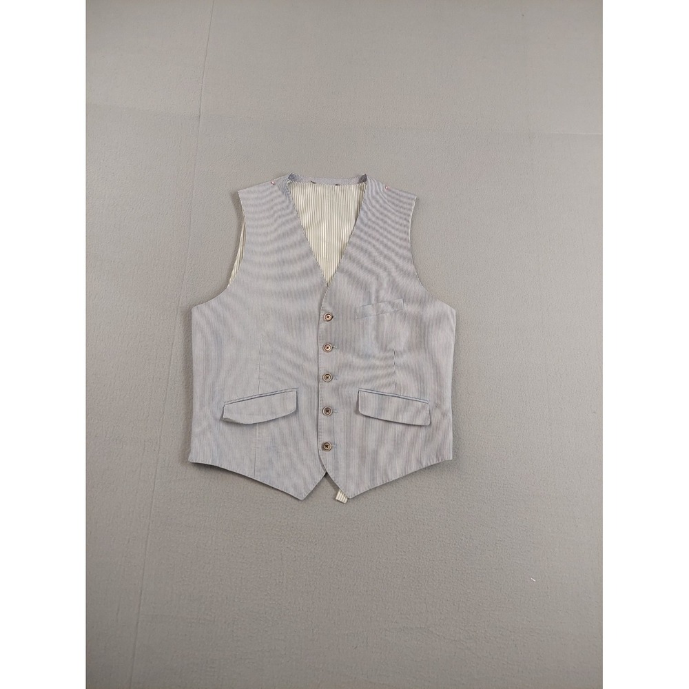 Banana Republic Men Suit Vest 40R Blue Stripe Tailored Fit Wrap Button Waistcoat